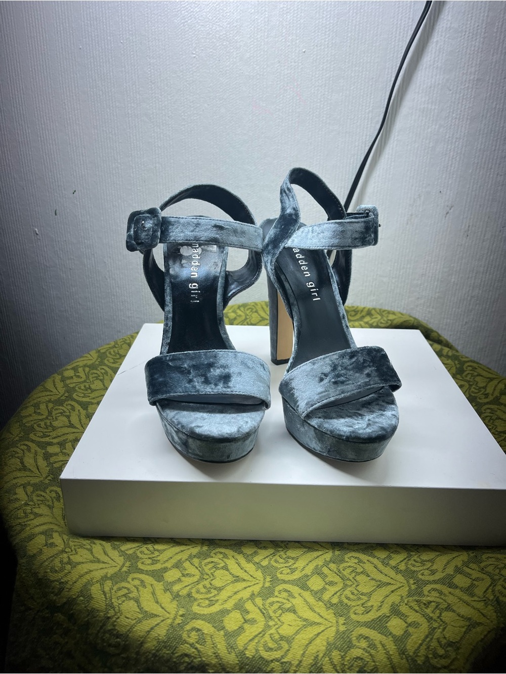 Madden Girl Gray Velvet Platform Ankle Strap Heels